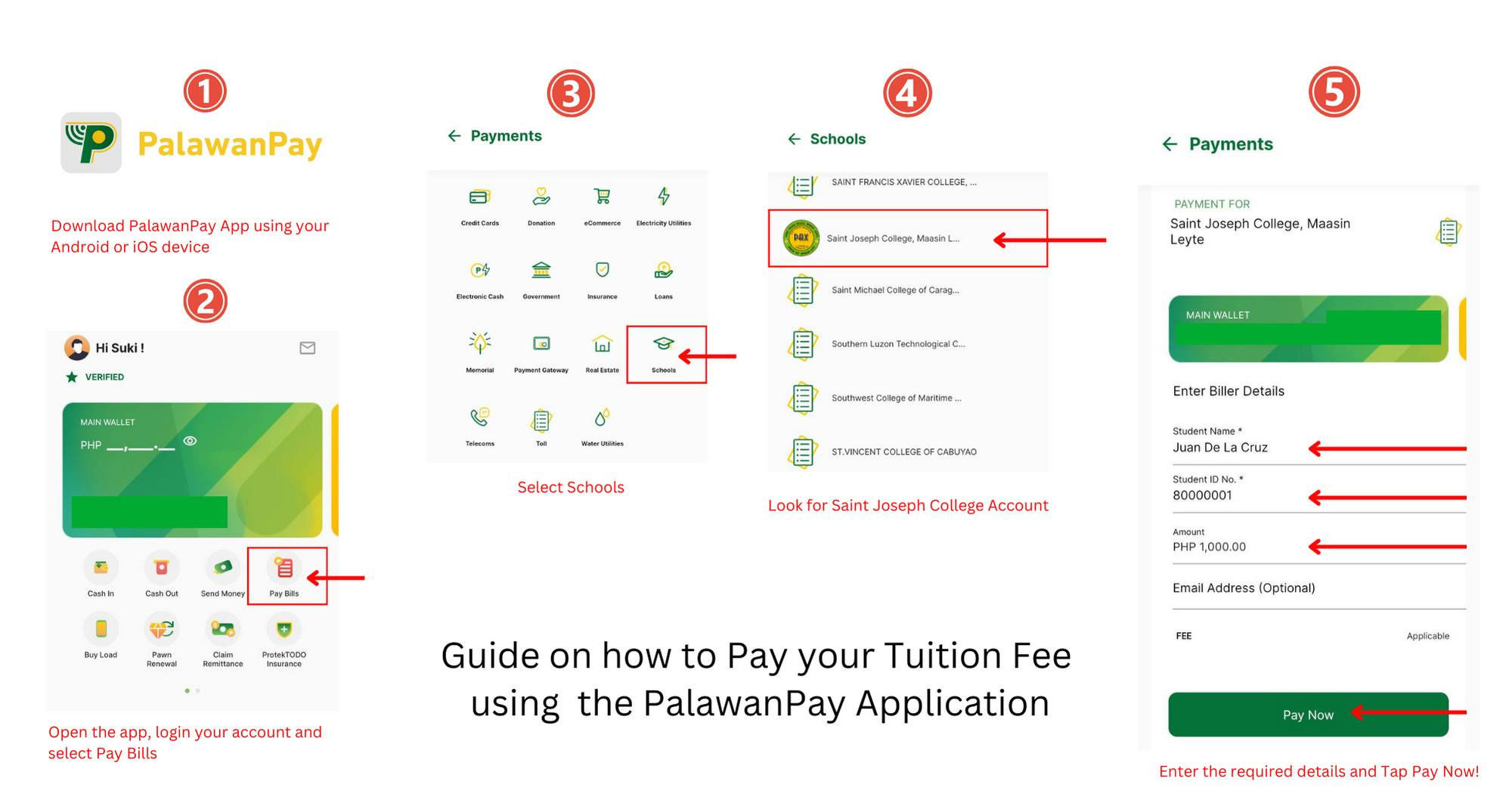 Picture of the steps on how to pay tuition using the PalawanPay App.