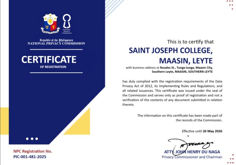 📜 Saint Joseph College, Maasin Leyte Officially Registered with the National Privacy Commission