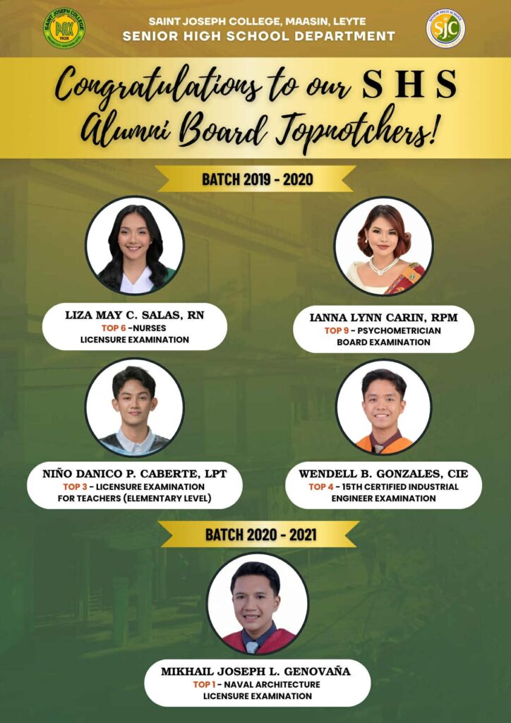 The Saint Joseph College – Senior High School Department extends its heartfelt congratulations to the following alumni for achieving top ranks in their respective board examinations: