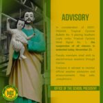 ADVISORY | In consideration of DOST-PAGASA Tropical Cyclone Bulletin No. 9 placing Southern Leyte under Tropical Cyclone Wind Signal No. 1, the suspension of all classes is extended today, November 25.