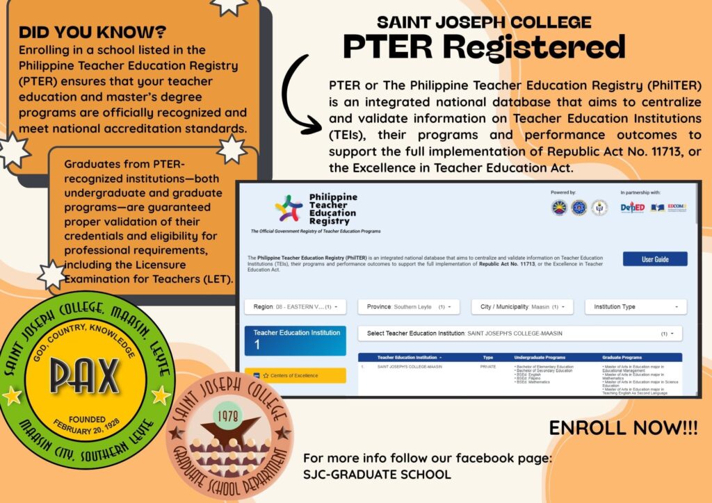 PTER REGISTERED | The Philippine Teacher Education Registry (PhilTER) is an integrated national database that aims to centralize and validate information on Teacher Education Institutions (TEls), their programs and performance outcomes to support the full implementation of Republic Act No. 11713, or the Excellence in Teacher Education Act.