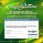 𝐄𝐓 𝐔𝐍𝐈𝐓𝐀𝐓𝐄𝐌 𝐏𝐎𝐒𝐒𝐄 | The College of Liberal arts warmly congratulates two members of our faculty, Mr. Emmarlone Ravago and Mrs. Beverly Briones-Ravago for successfully publishing their research entitled “Mental Health and Its Association with Help-Seeking Intention among Filipino College Students”.