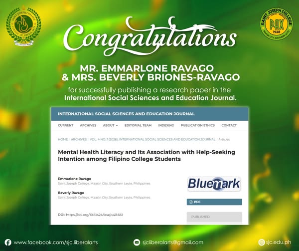 𝐄𝐓 𝐔𝐍𝐈𝐓𝐀𝐓𝐄𝐌 𝐏𝐎𝐒𝐒𝐄 | The College of Liberal arts warmly congratulates two members of our faculty, Mr. Emmarlone Ravago and Mrs. Beverly Briones-Ravago for successfully publishing their research entitled “Mental Health and Its Association with Help-Seeking Intention among Filipino College Students”.