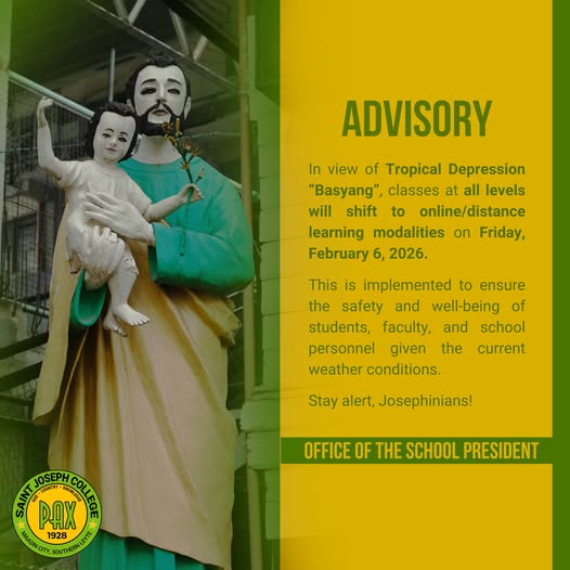 ADVISORY | In view of Tropical Depression “Basyang”, classes at all levels will shift to online/distance learning modalities on Friday, February 6, 2026.